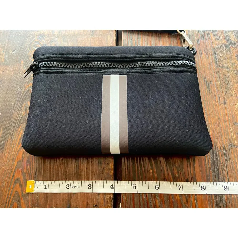 HAUTE SHORE Black Striped Neoprene Clutch/Wristlet